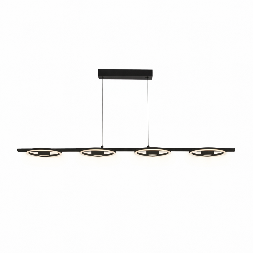 Suspension LED noire avec quatre points lumineux en forme linéaire