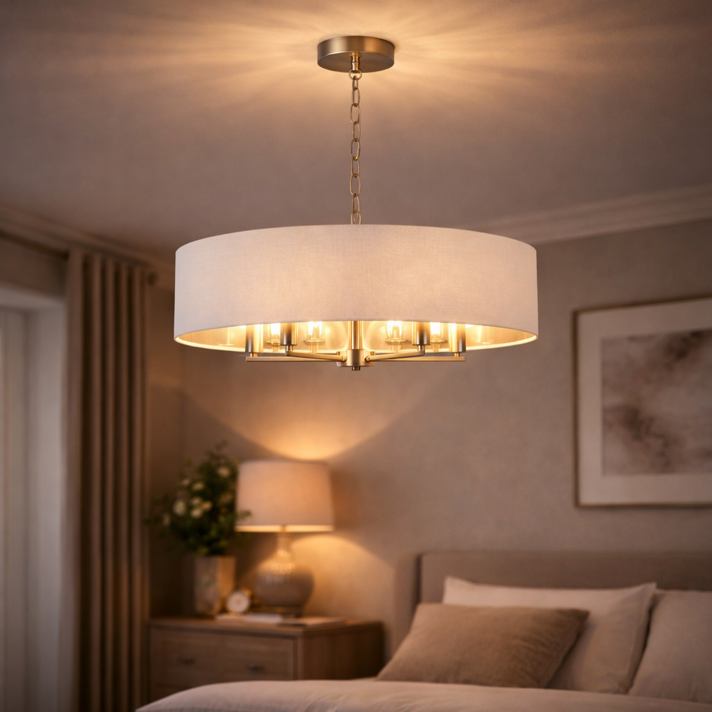 Hanglamp Met Vijf Lichtpunten In Satijnnikkel Afwerking