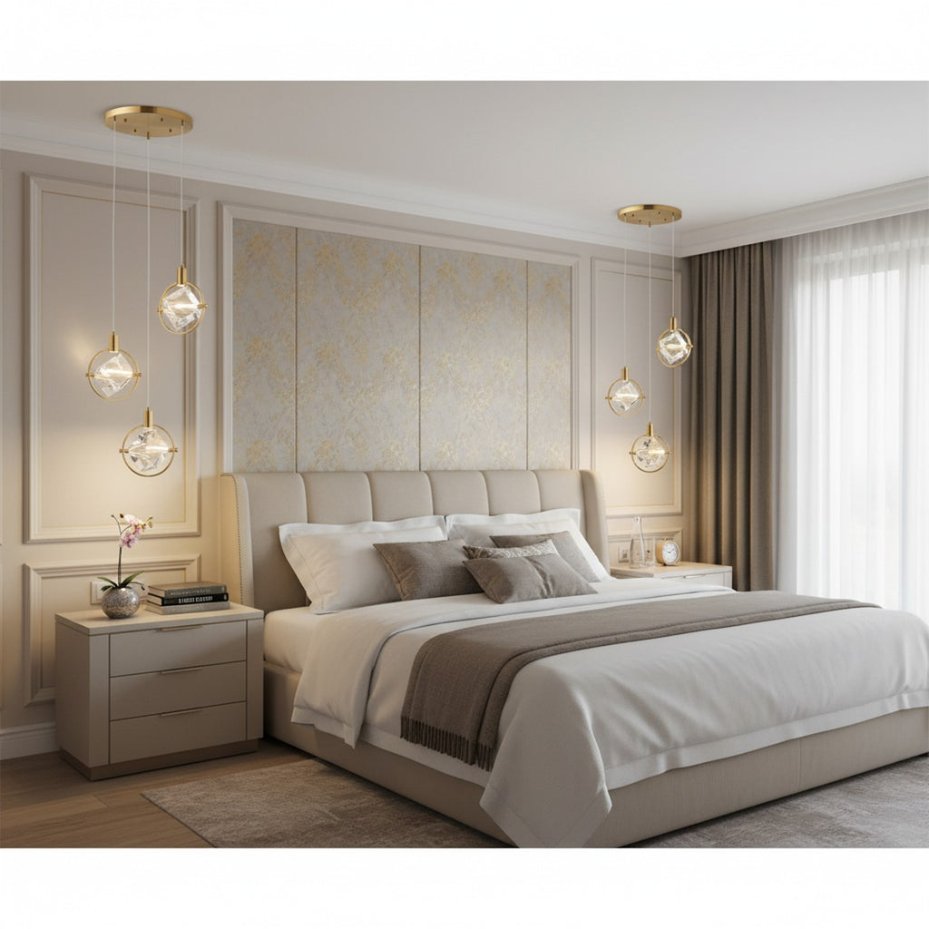 Hollywood Cube 3 Light Pendant Gold - Bedroom Suite Setting