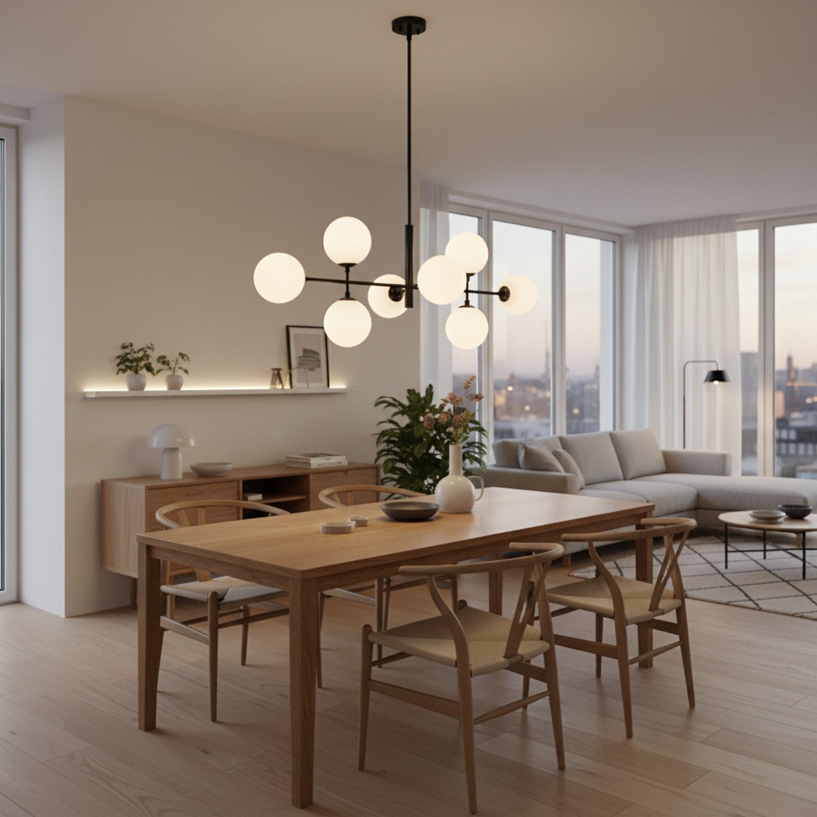 8-Light Linear Opal Glass Chandelier - Styled Kitchen Island Setting