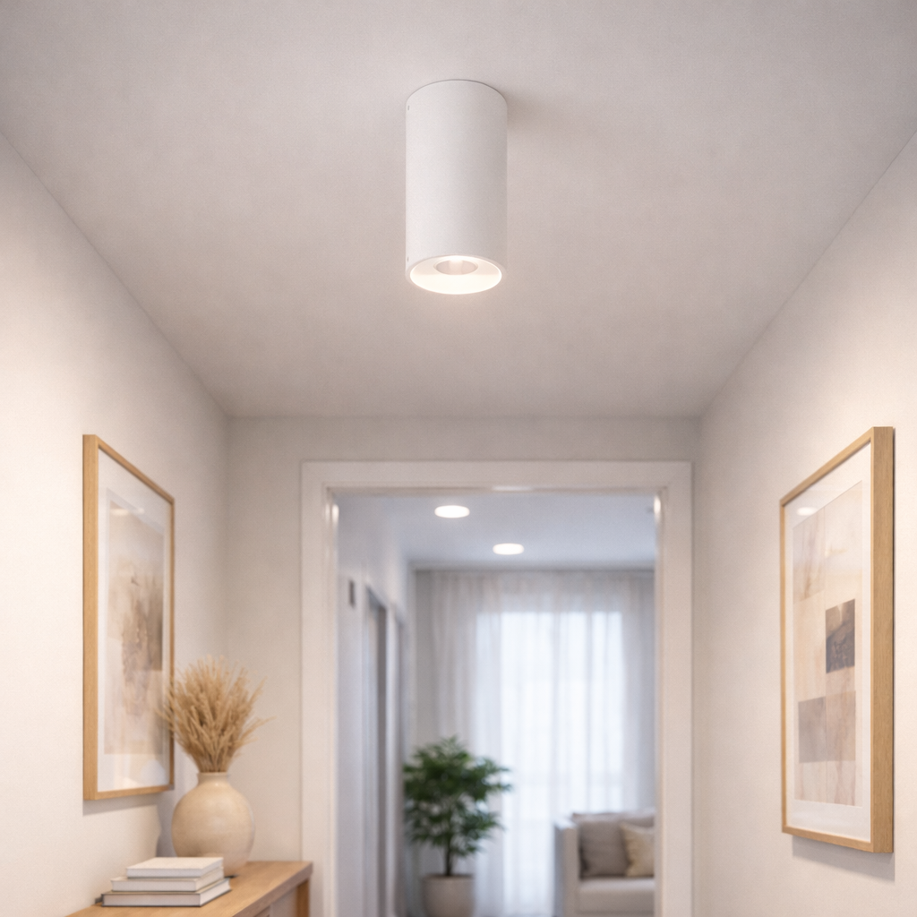 Overflademonteret LED-downlight med rund form og fokuseret lys
