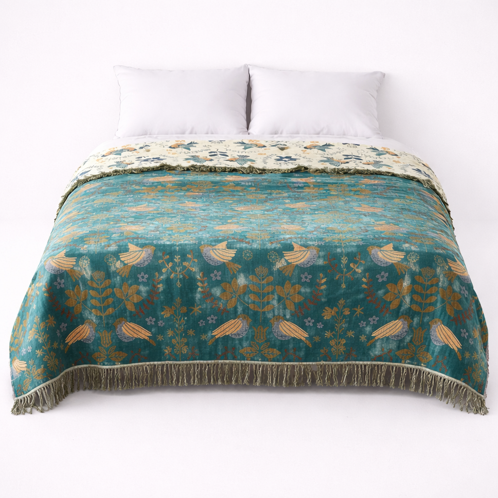 Vendbar plaid med skandinavisk fugledesign