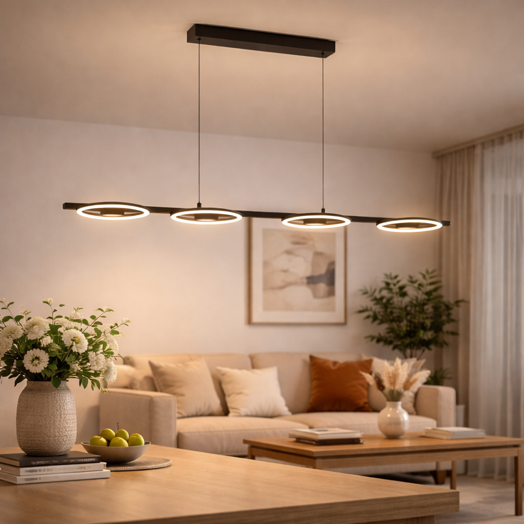 Suspension LED noire avec quatre points lumineux en forme linéaire