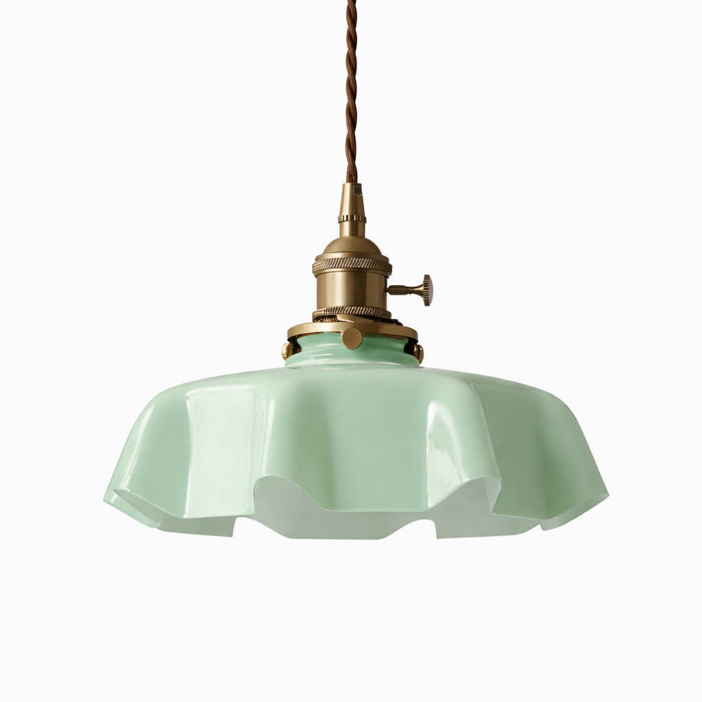 Cream-colored pendant lamp with flower-shaped glass shade