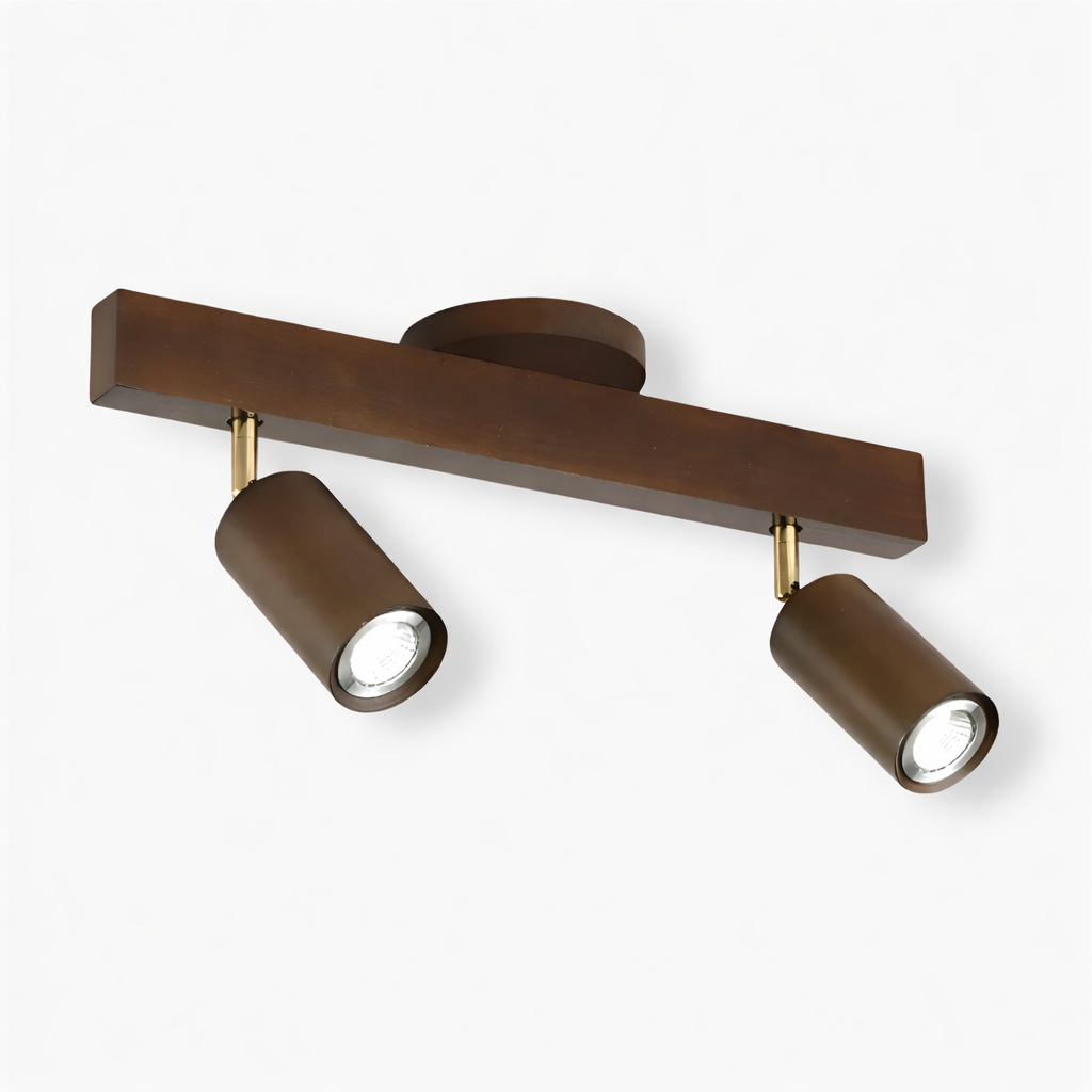 Cylindrical wooden LED spotlight for ceiling mounting