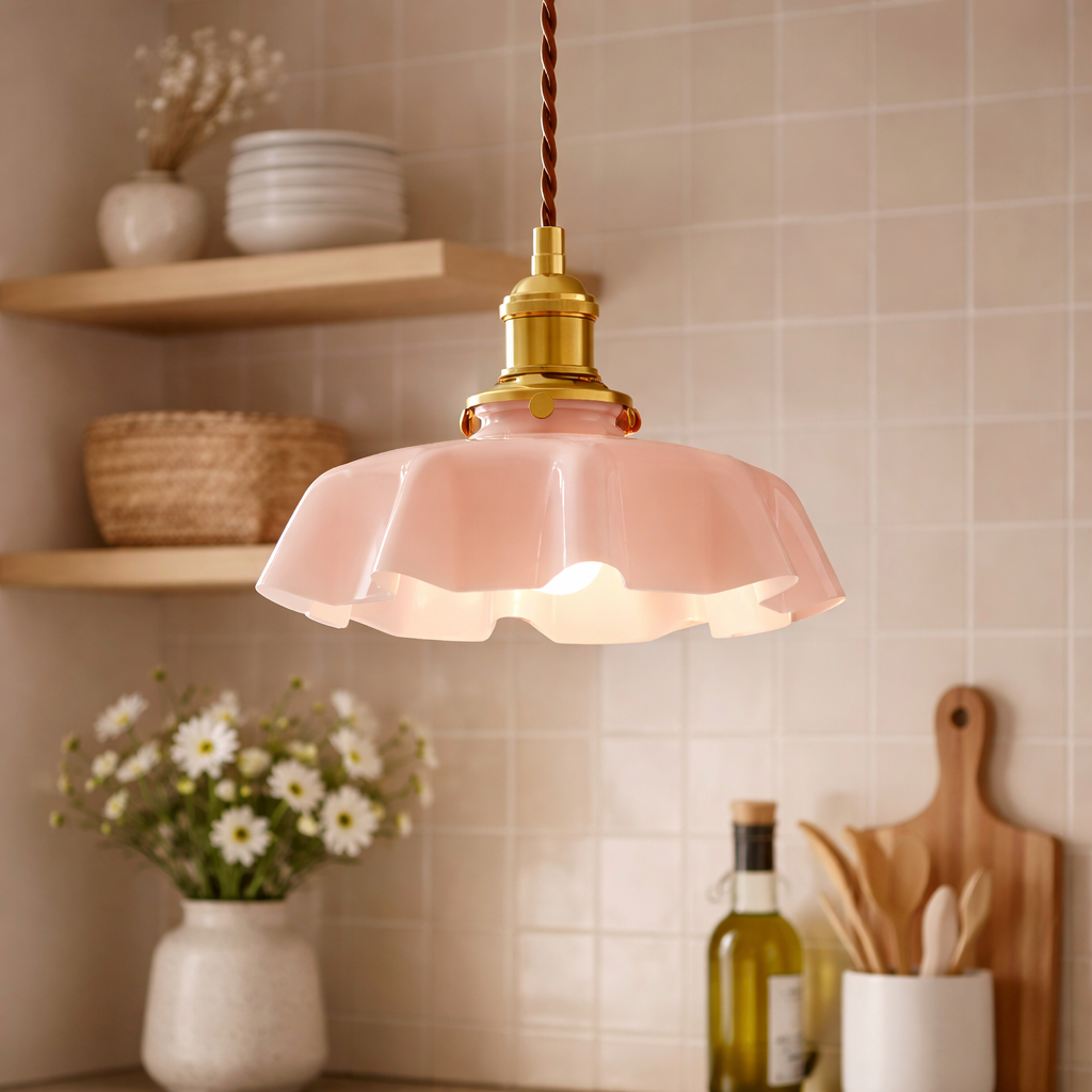 Cream-colored pendant lamp with flower-shaped glass shade