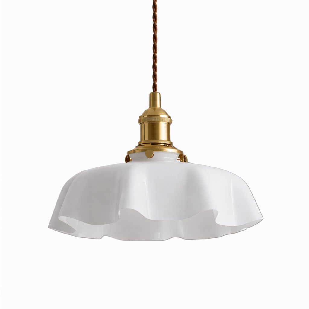 Cream-colored pendant lamp with flower-shaped glass shade