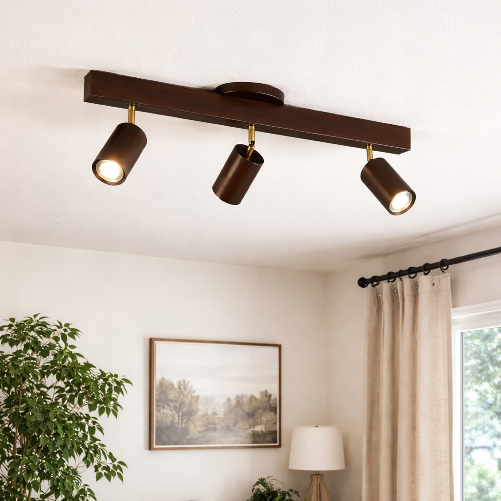 Cylindrical wooden LED spotlight for ceiling mounting