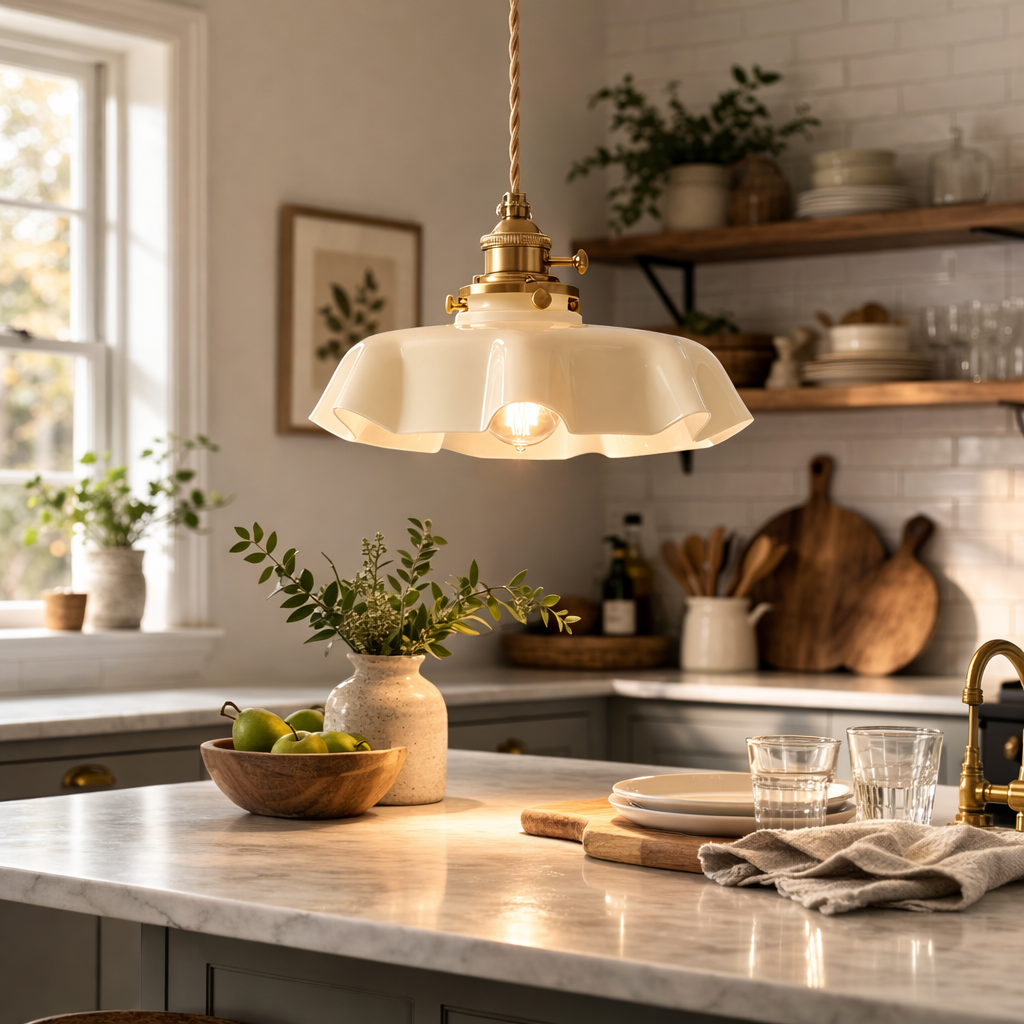 Cream-colored pendant lamp with flower-shaped glass shade