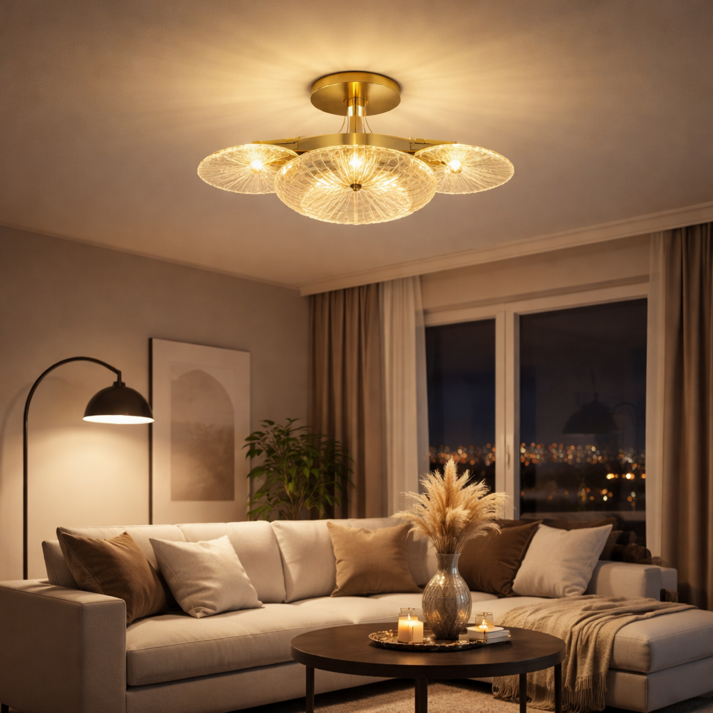 Ceiling Lamp With Wheel Shape And Six Light Points In Bronze Color