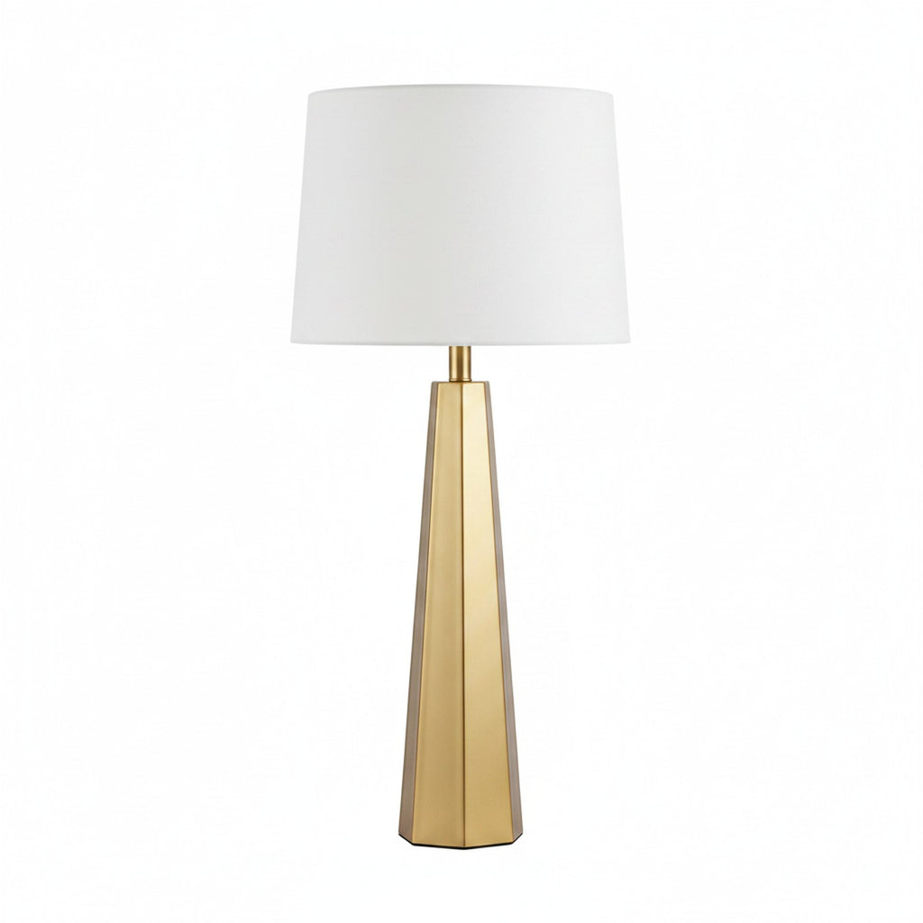 Anechdoche Table Lamp - angular gold geometric base with white shade on white background