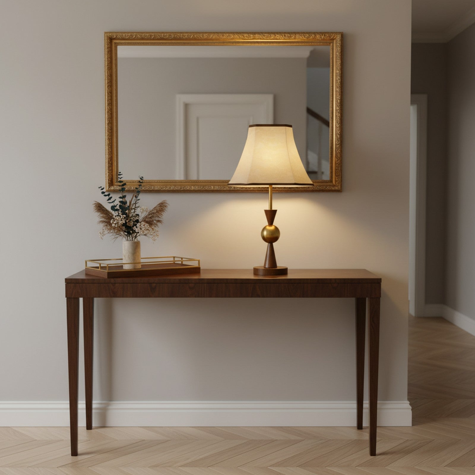Fangio Table Lamp styled on entryway console table
