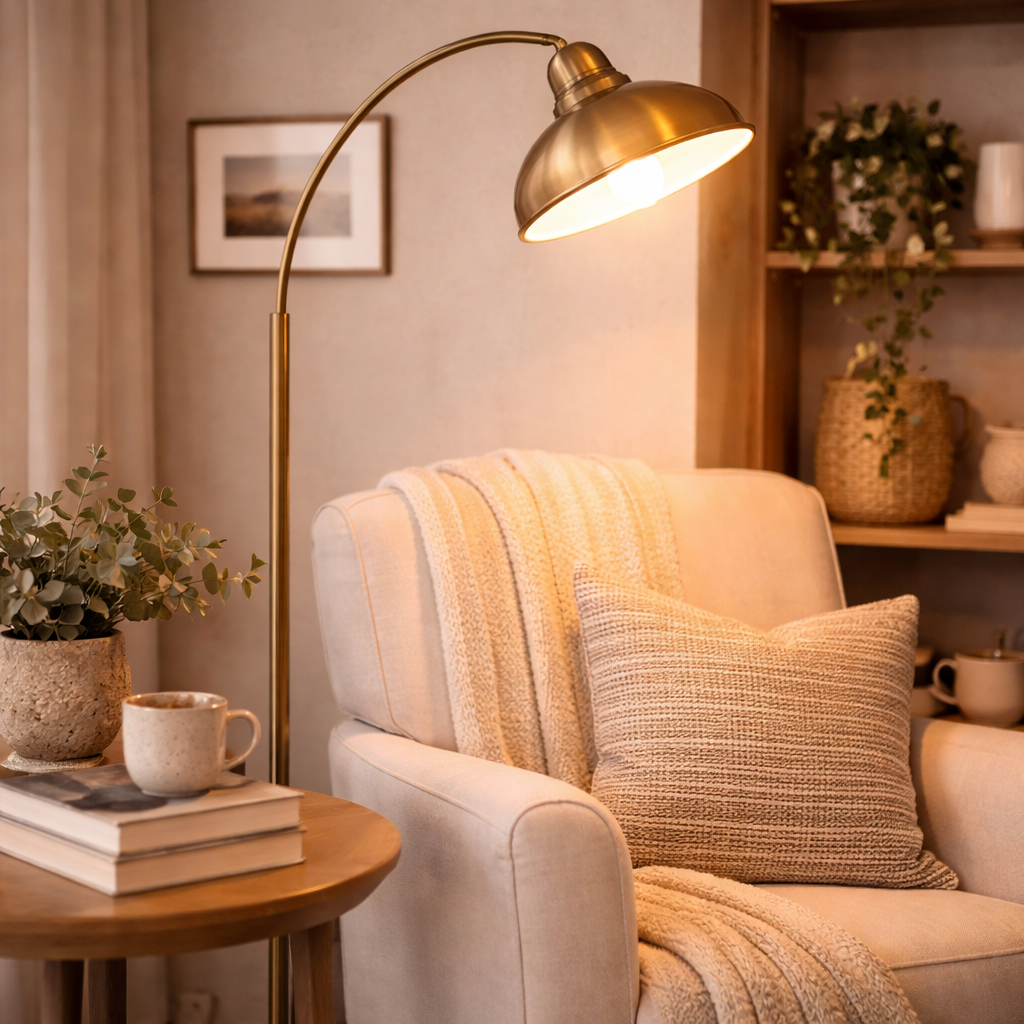 Vloerlamp Met Messing Afwerking En Staande Kap