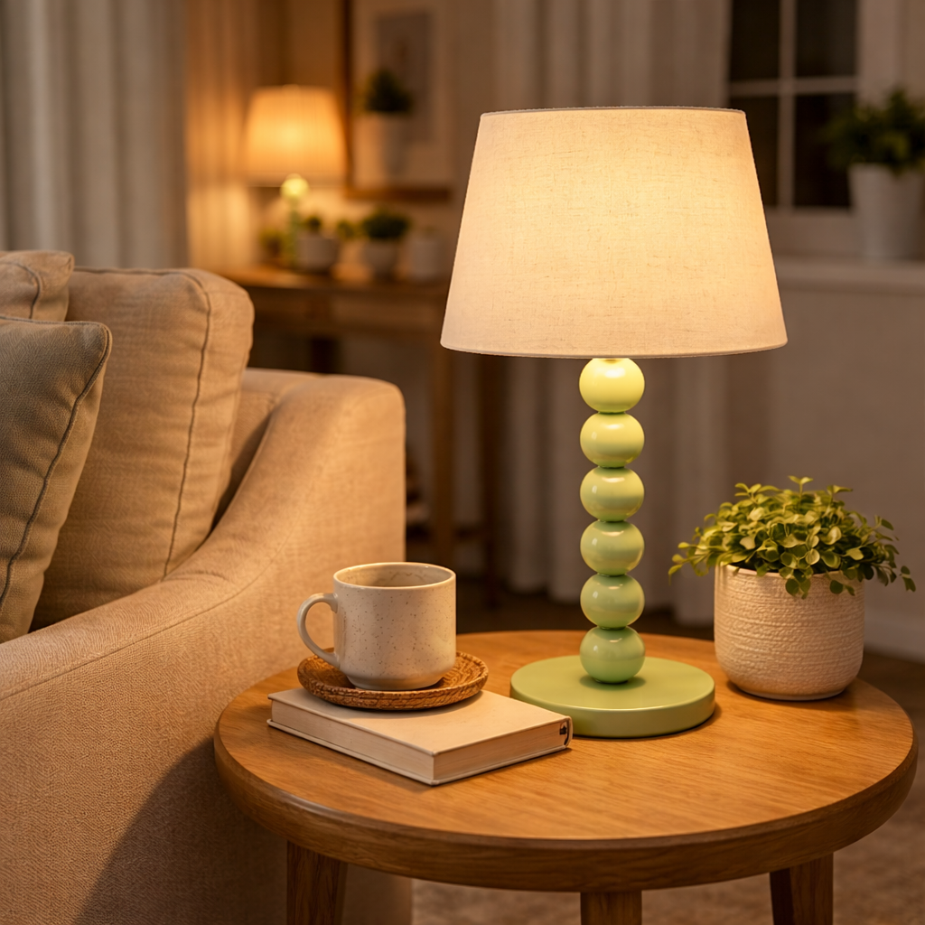 Bordlampe Med Kugleformet Skærm I Elfenbensfarve