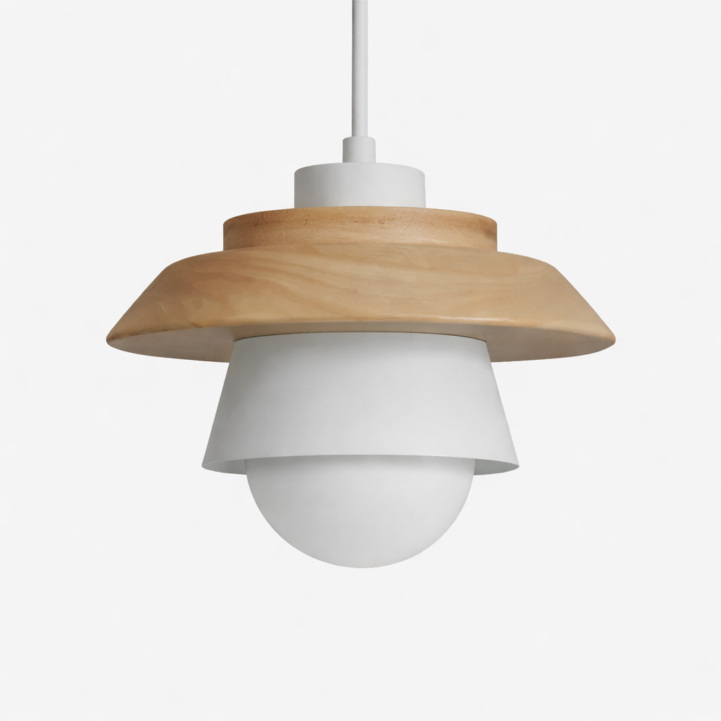 LED pendant lamp with wooden and metal accents
