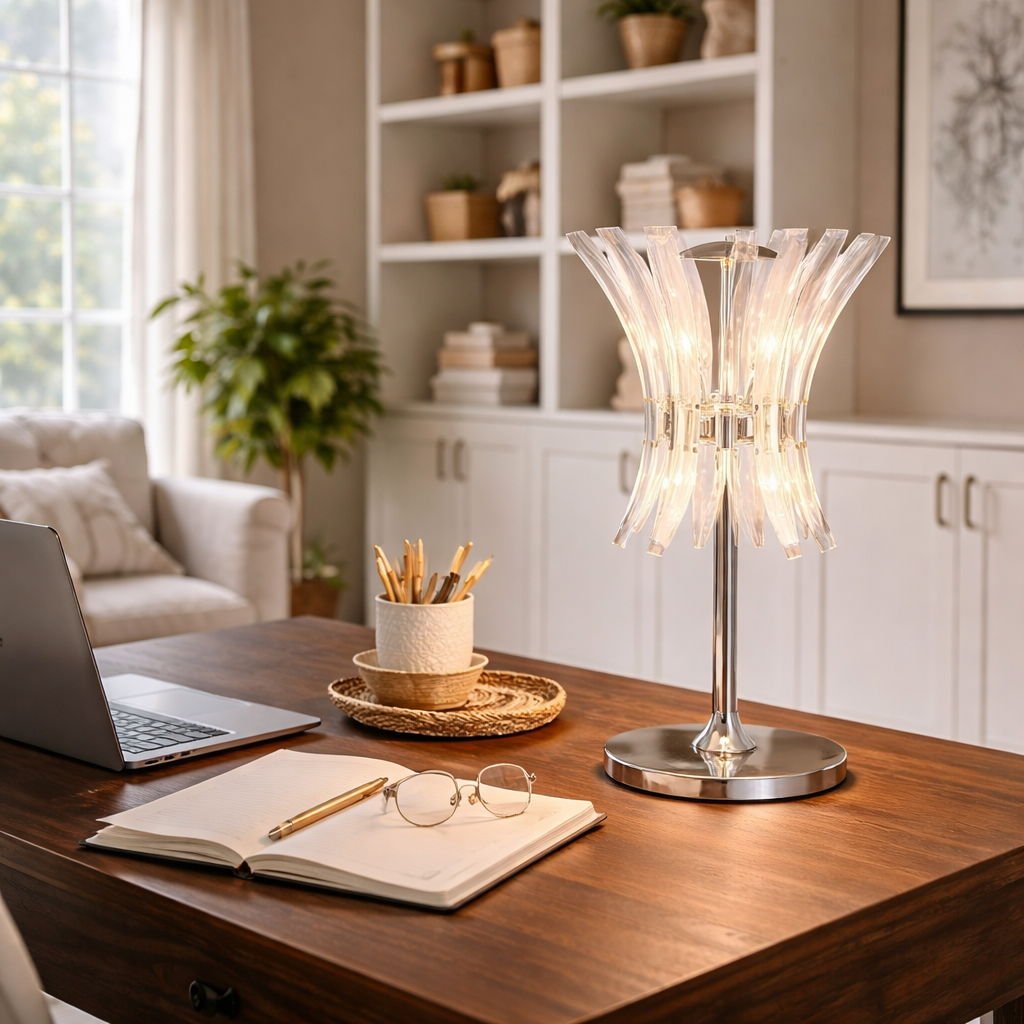 Lampe de table avec quatre points lumineux et finition chromée brillante