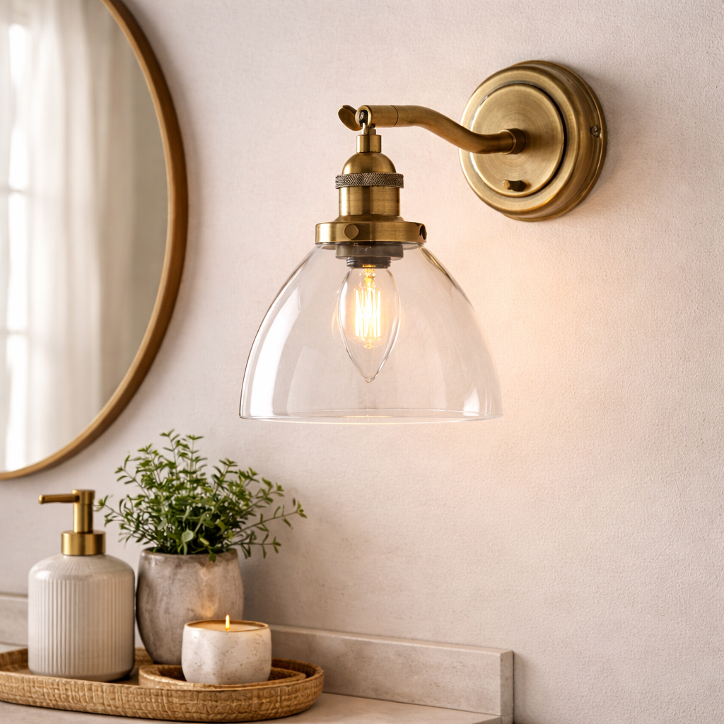 Wandlamp Met Gebogen Glazen Kap En Messing Afwerking