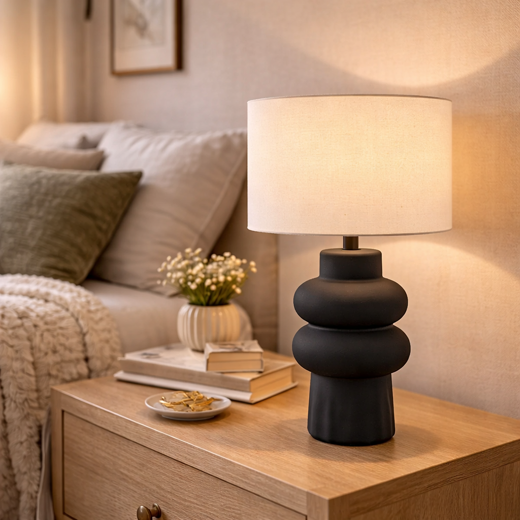 Keramisk Bordlampe Med Klassisk Fod Og Lampeskærm