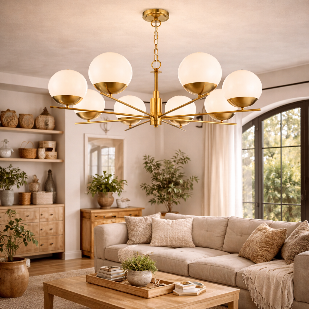 Suspension avec huit globes en verre et finition laiton