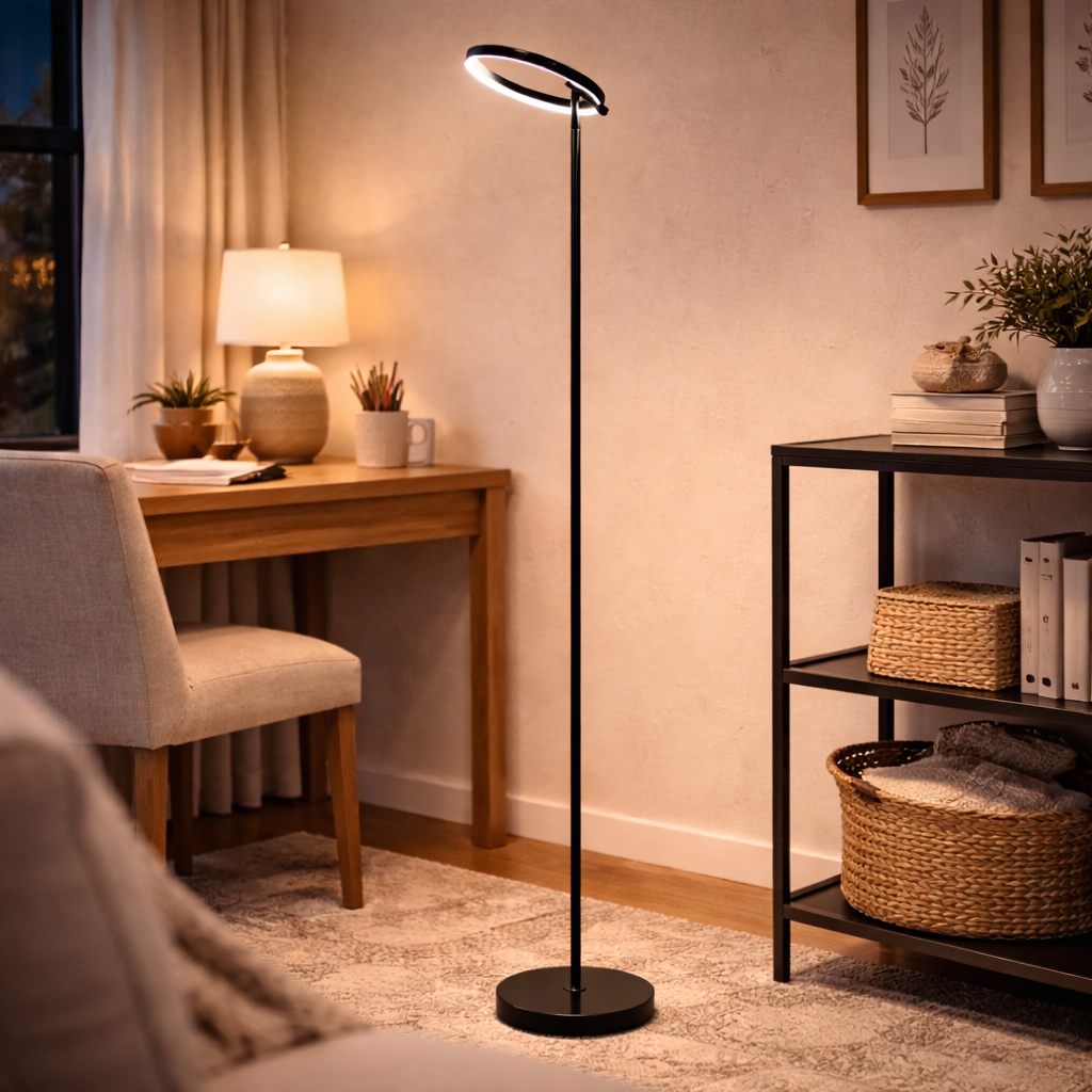 Schwarze LED-Stehleuchte mit moderner Lichtlinie