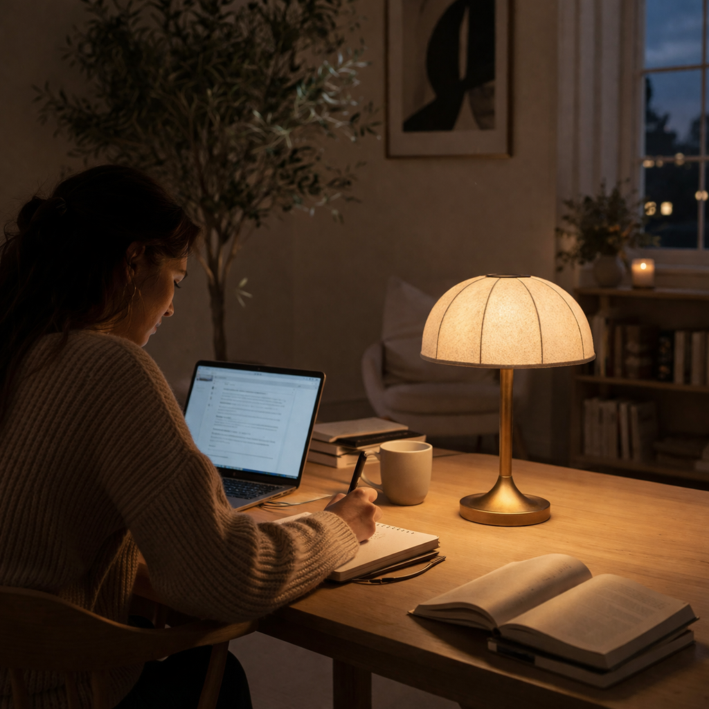 Tischlampe mit kompakter Bauweise und gerichteter Lichtbündelung
