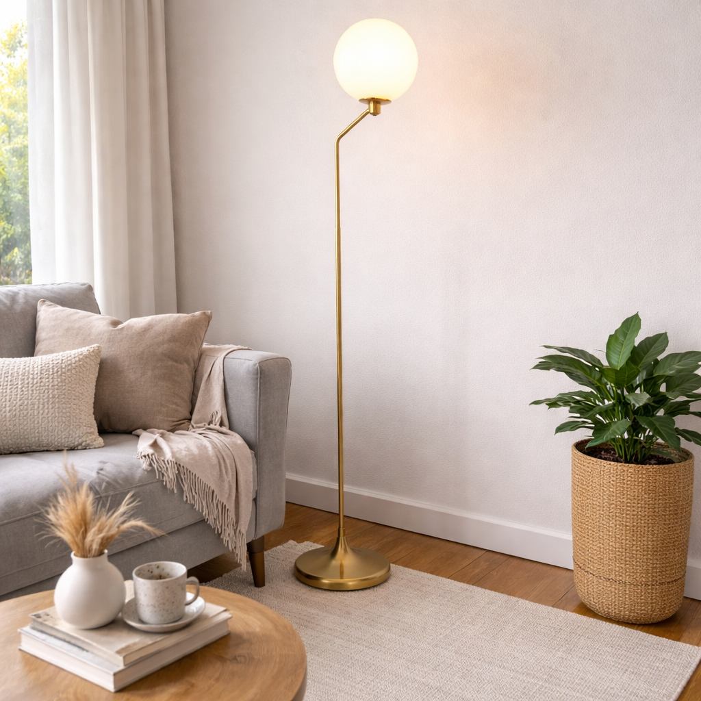 Vloerlamp Met Bolvormige Lampenkap En Slanke Staander