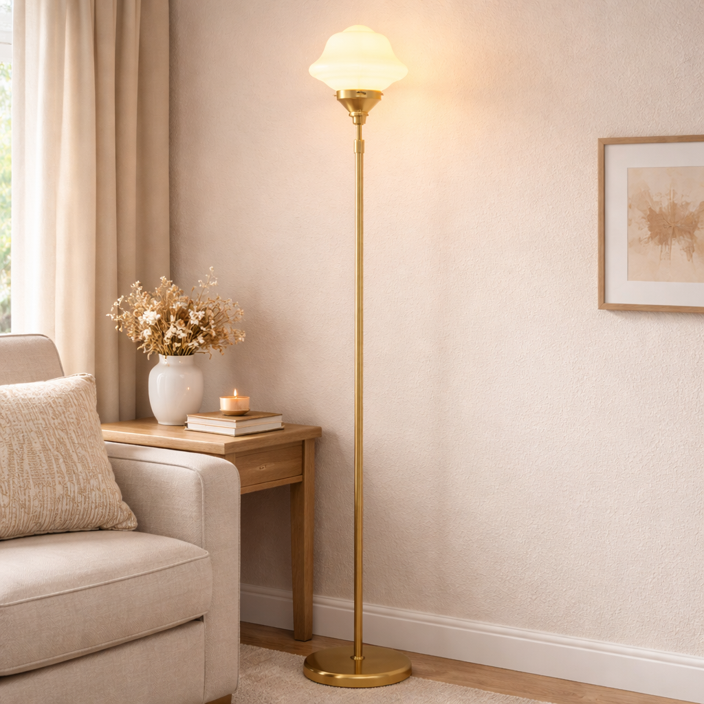 Vloerlamp Met Glazen Kap En Slanke Basis