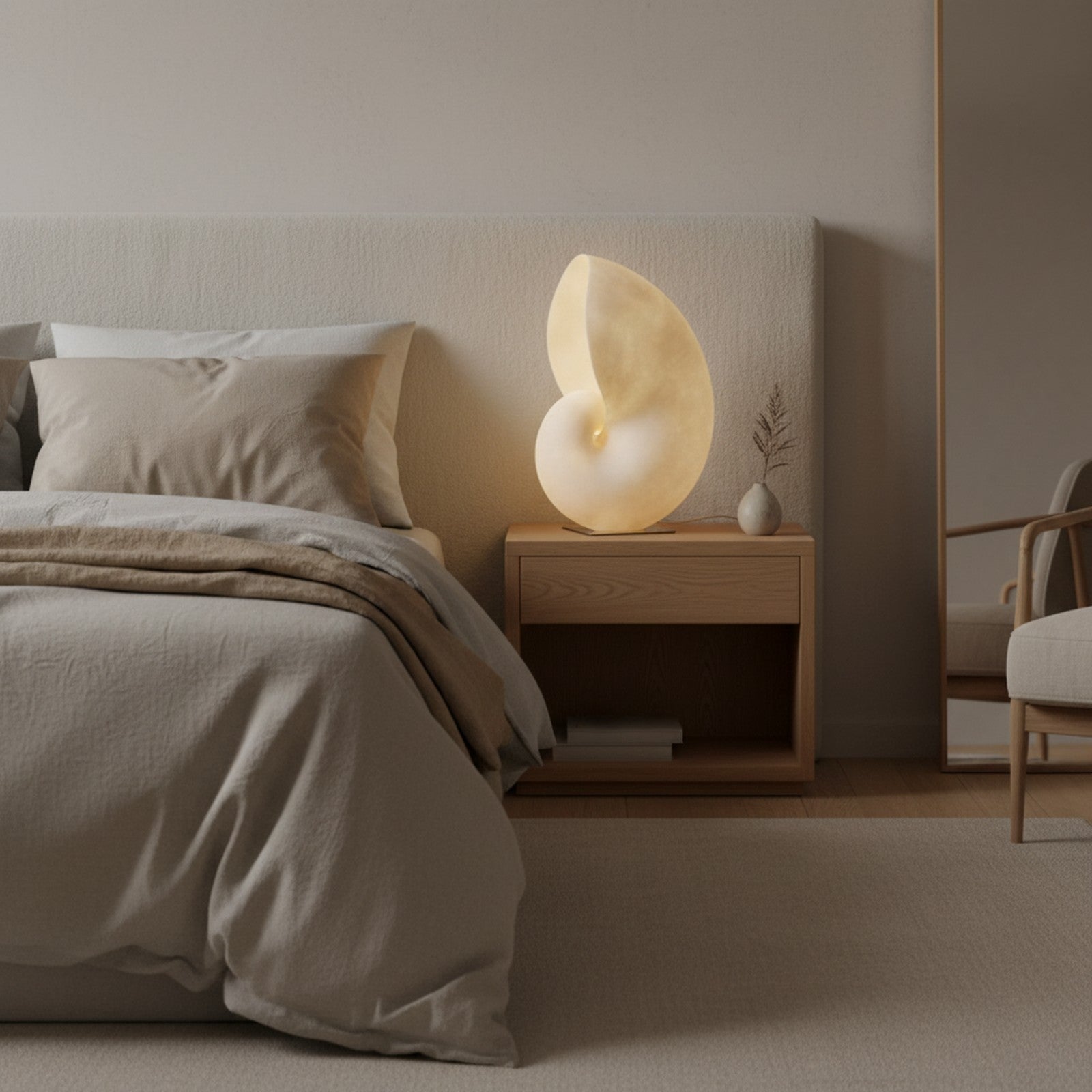 Conch Bloom Lamp on nightstand in minimalist bedroom
