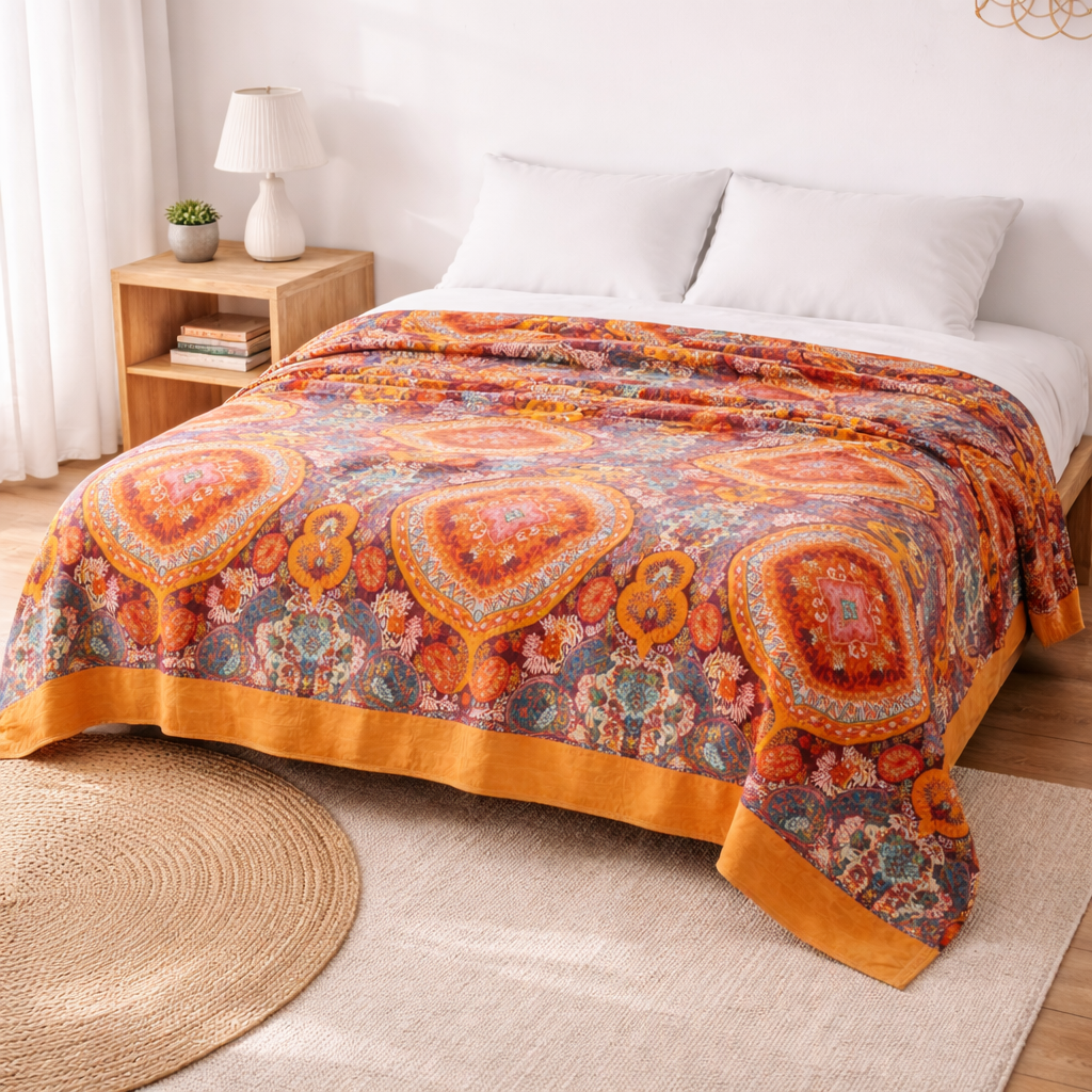 Vendbar quilt med solopgangsmønster