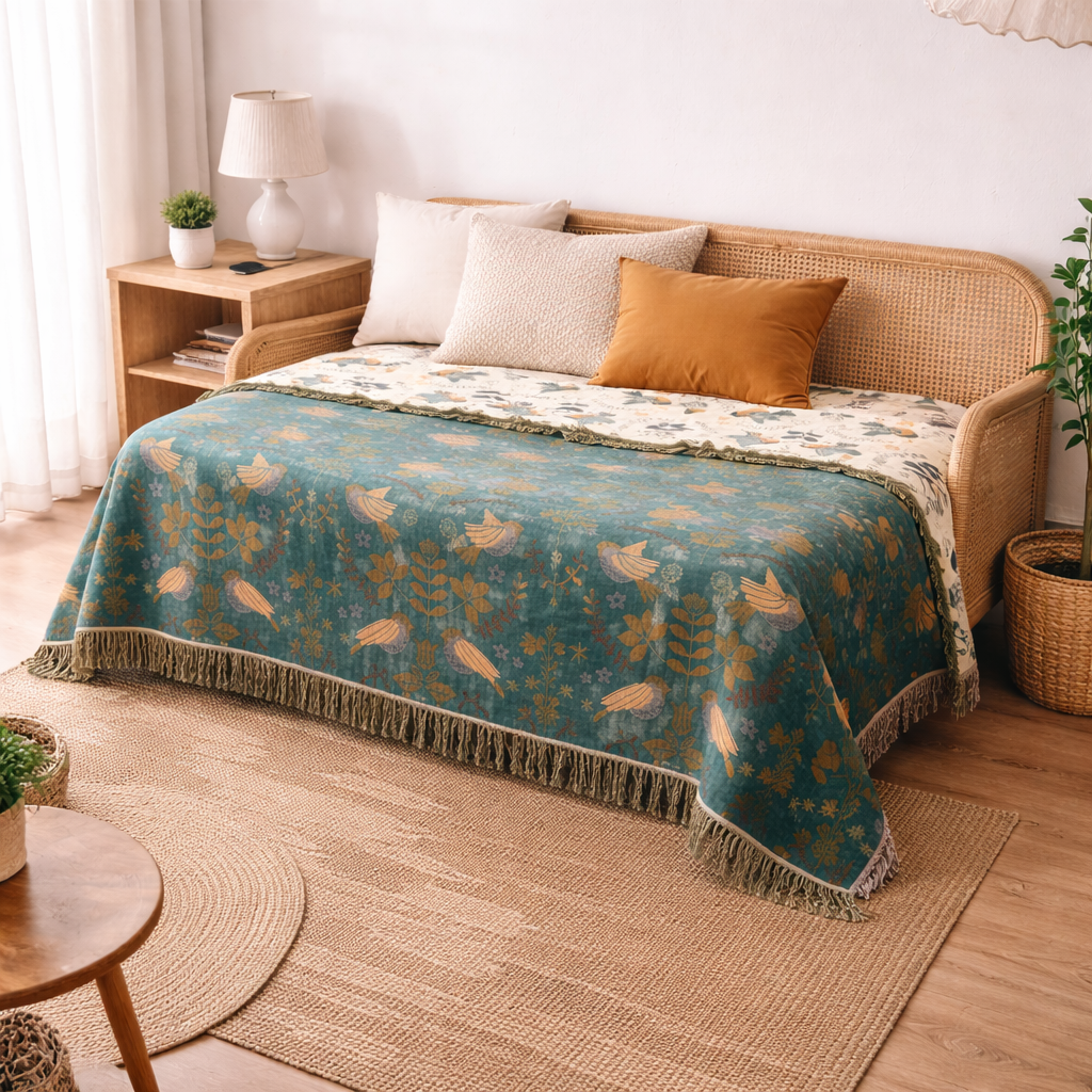 Vendbar plaid med skandinavisk fugledesign