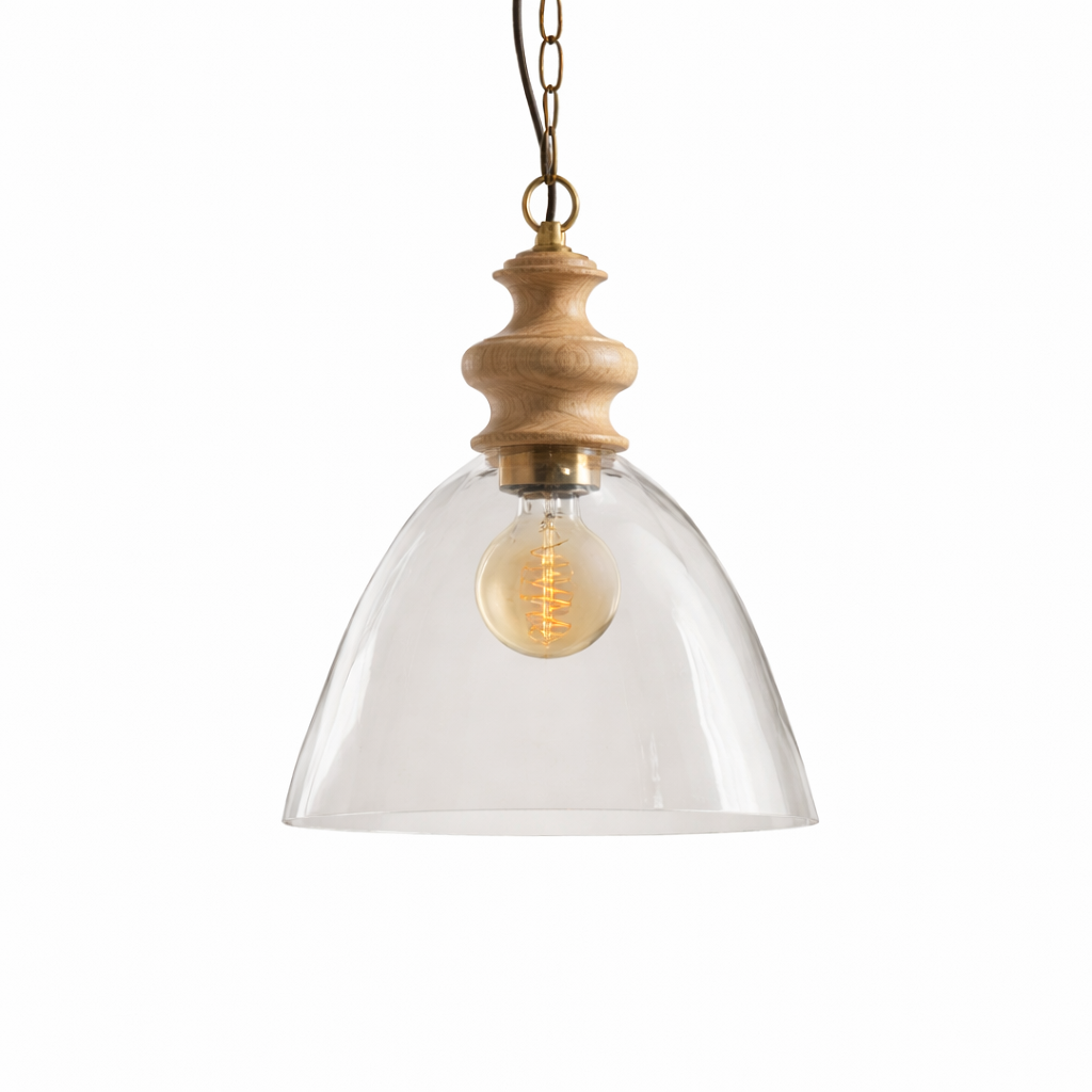 Pendant Lamp With Glass Shade And Wooden Accents