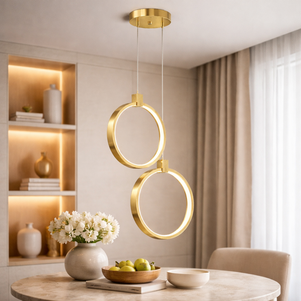 Double Ring Pendant Lamp in Gold Brass