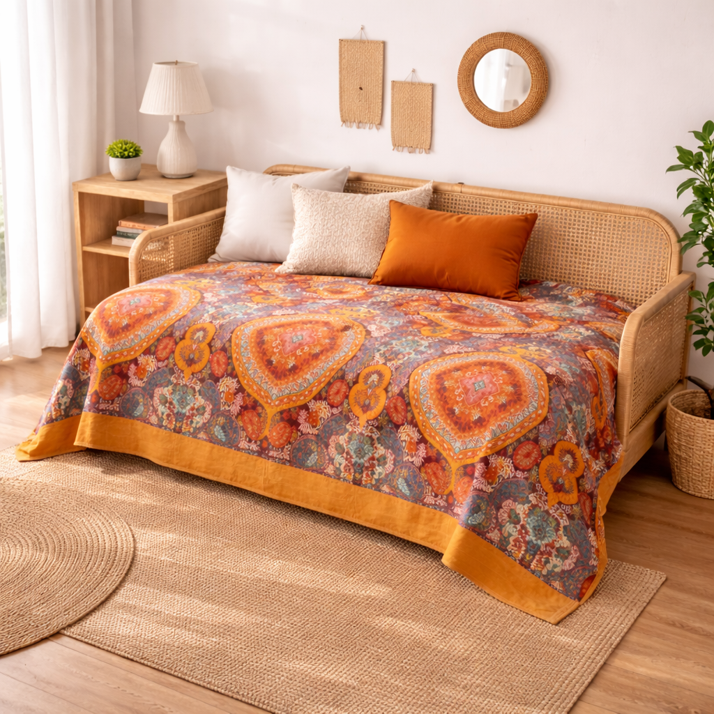 Vendbar quilt med solopgangsmønster