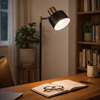 Vloerlamp Met Zwarte Basis En Koperen Lampkop