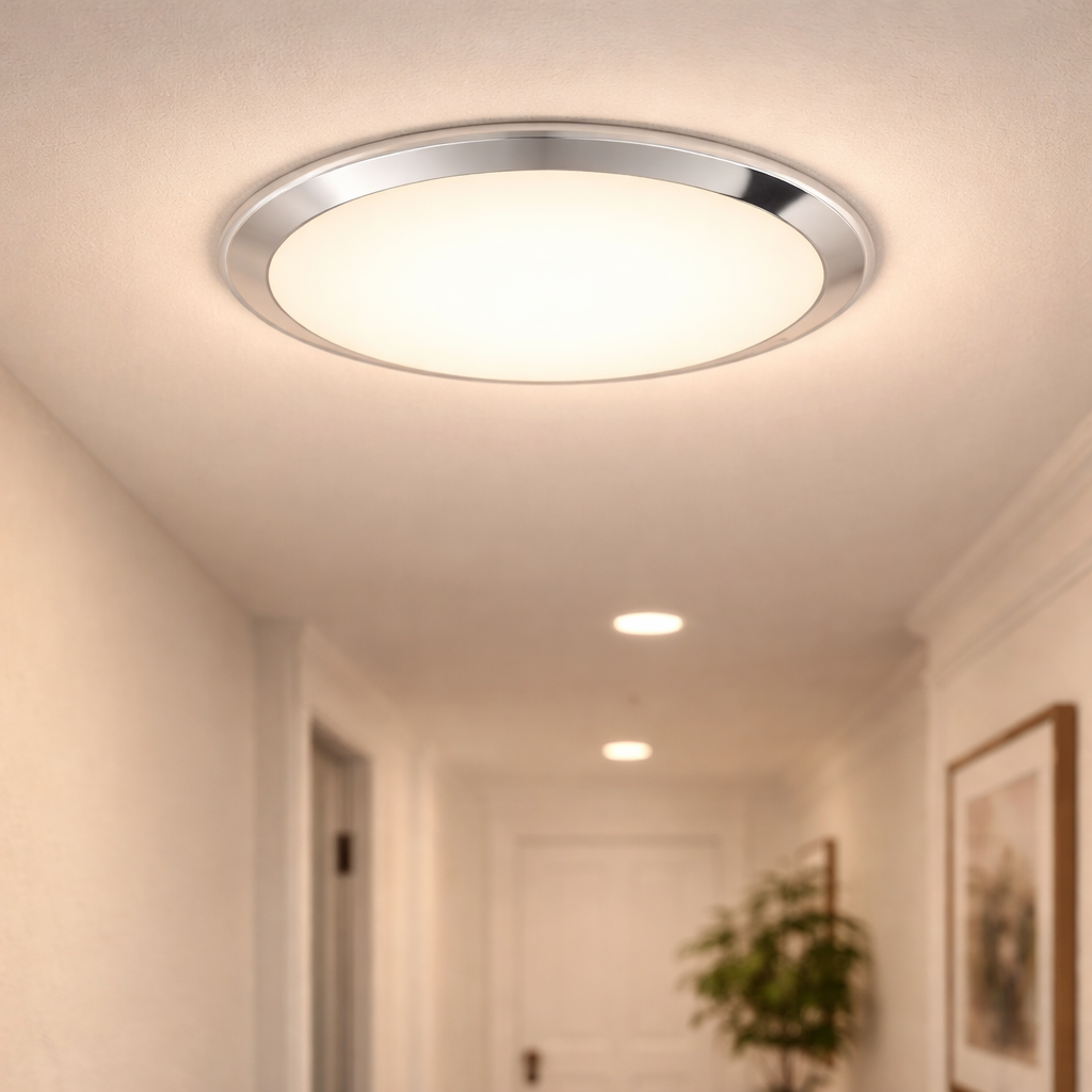 Rund LED-loftlampe med kromfinish