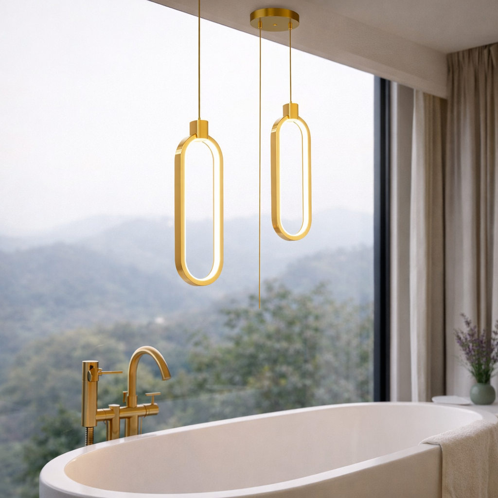 Double Ring Pendant Lamp in Gold Brass