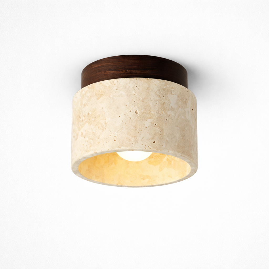 Cylindrical Ceiling Lamp with Travertine Look and Wooden Accent