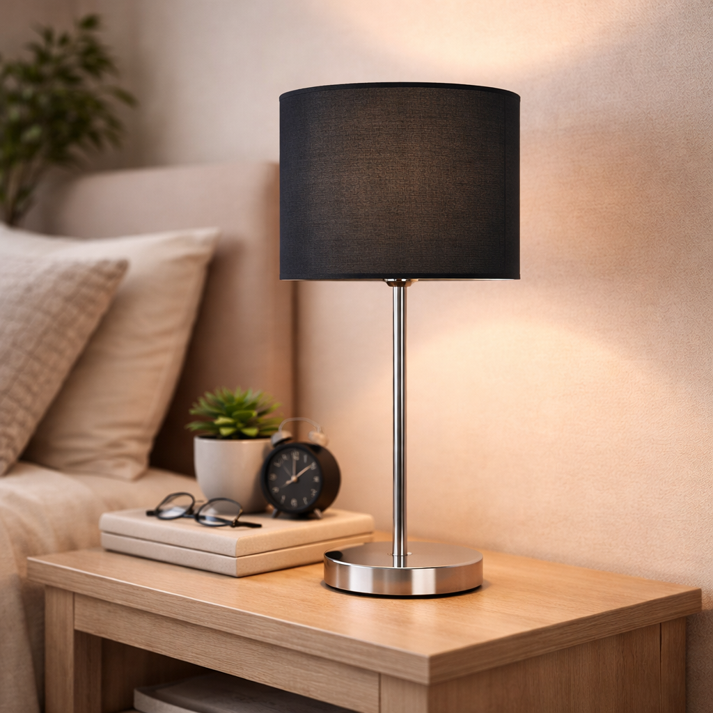 Gray Table Lamp With Chrome Accents And Classic Shade