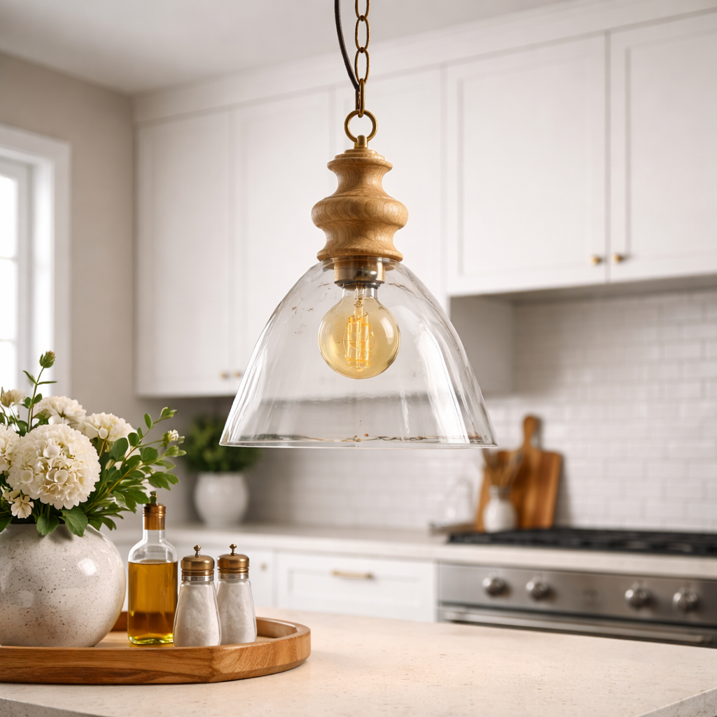 Pendant Lamp With Glass Shade And Wooden Accents