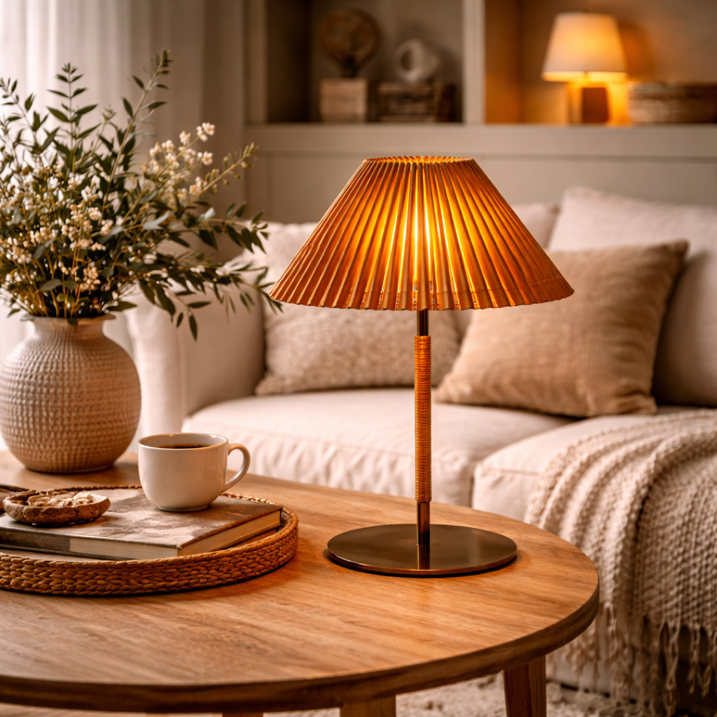 Lampe de table avec base naturelle et design épuré