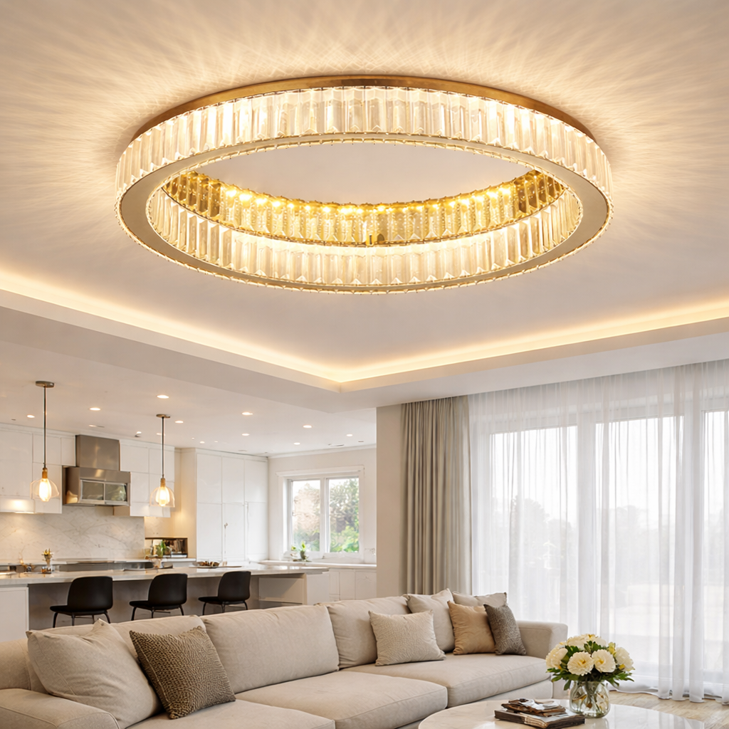 Rund loftlampe med guldfarvede krystalelementer