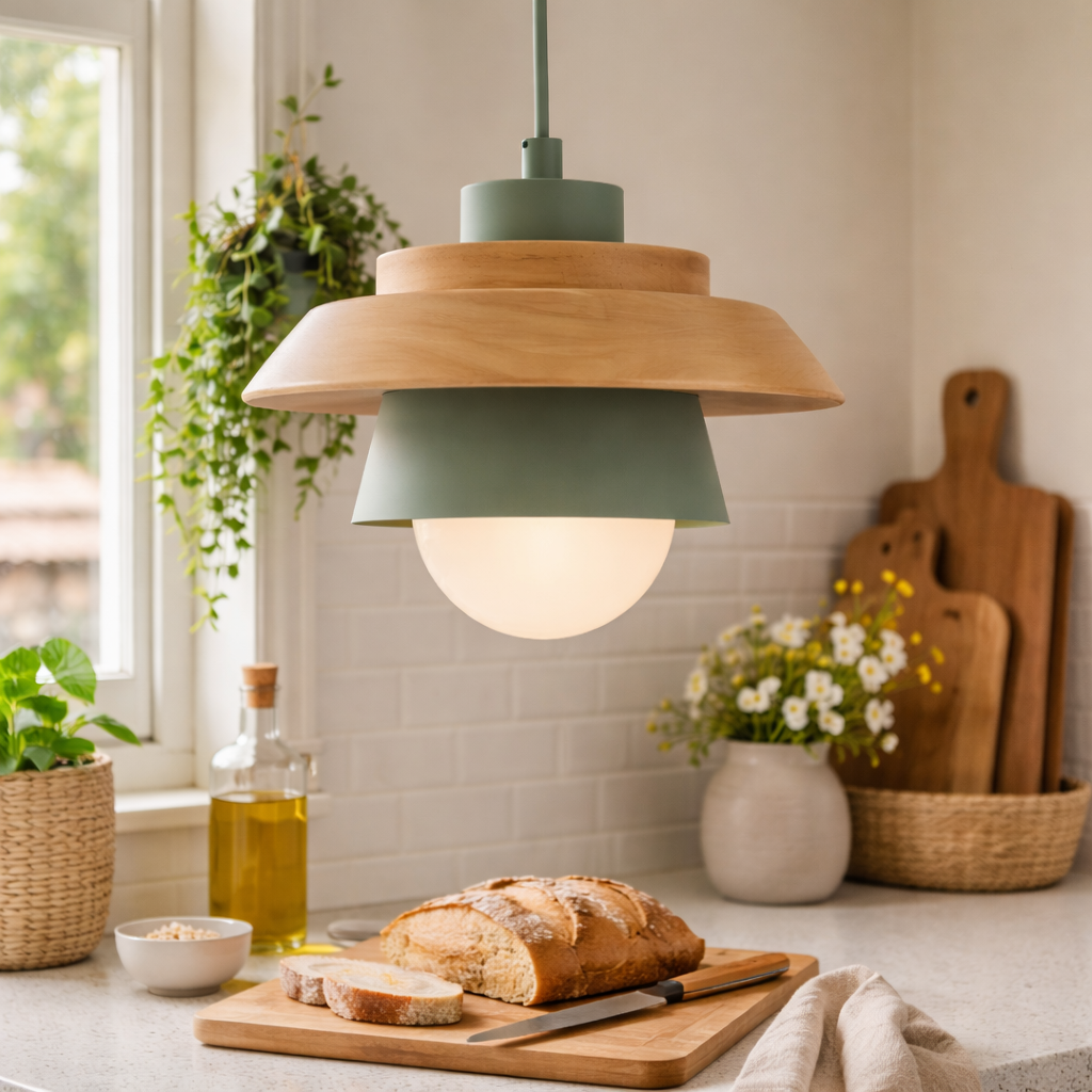 LED pendant lamp with wooden and metal accents