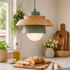 LED pendant lamp with wooden and metal accents