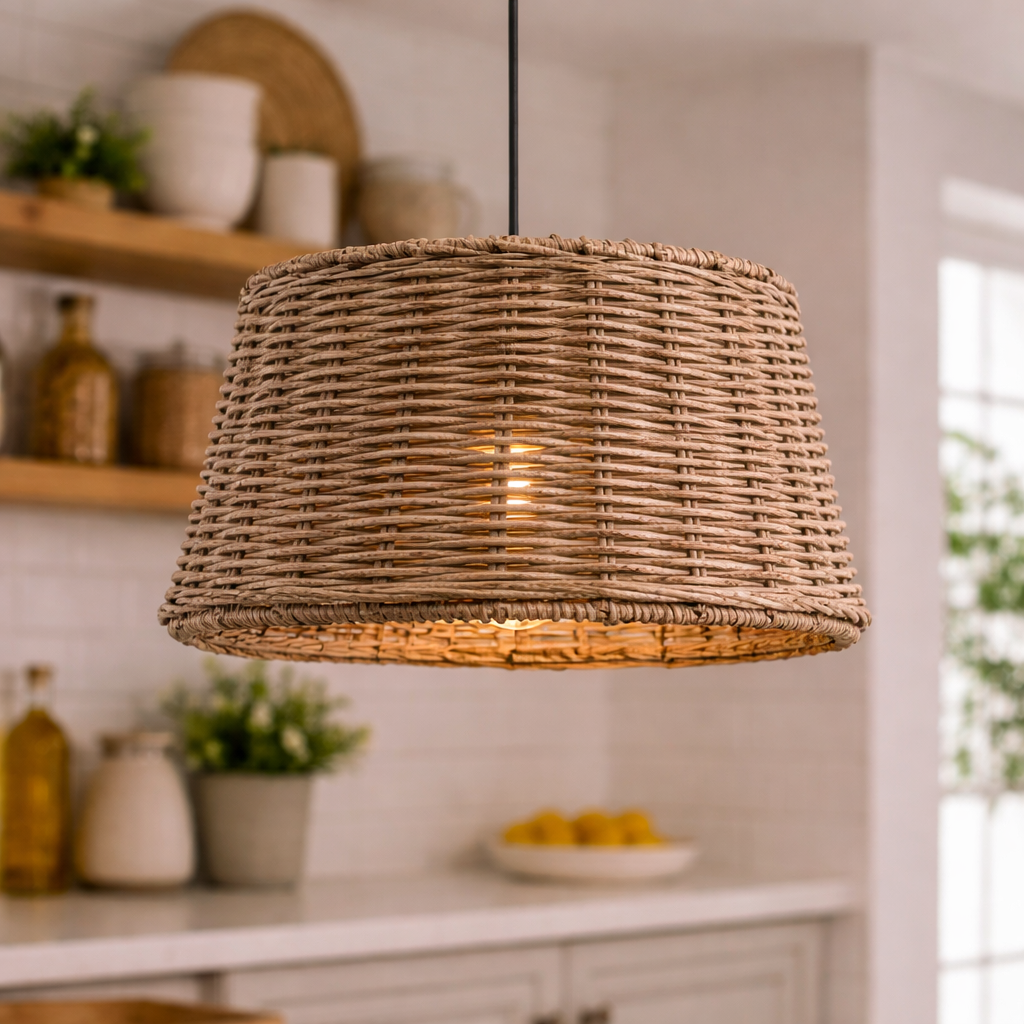 Pendant Lamp With Woven Shade In Natural Style