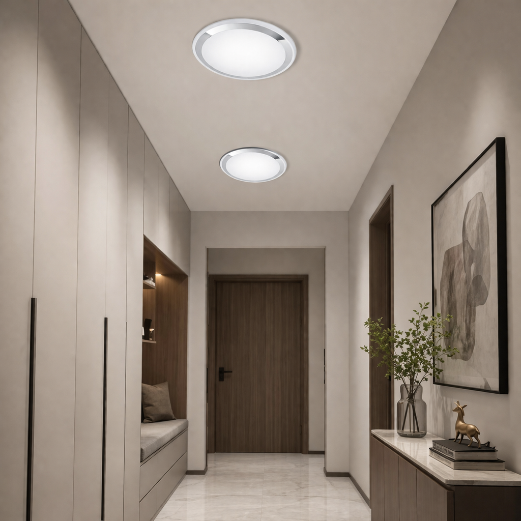 Rund LED-loftlampe med kromfinish