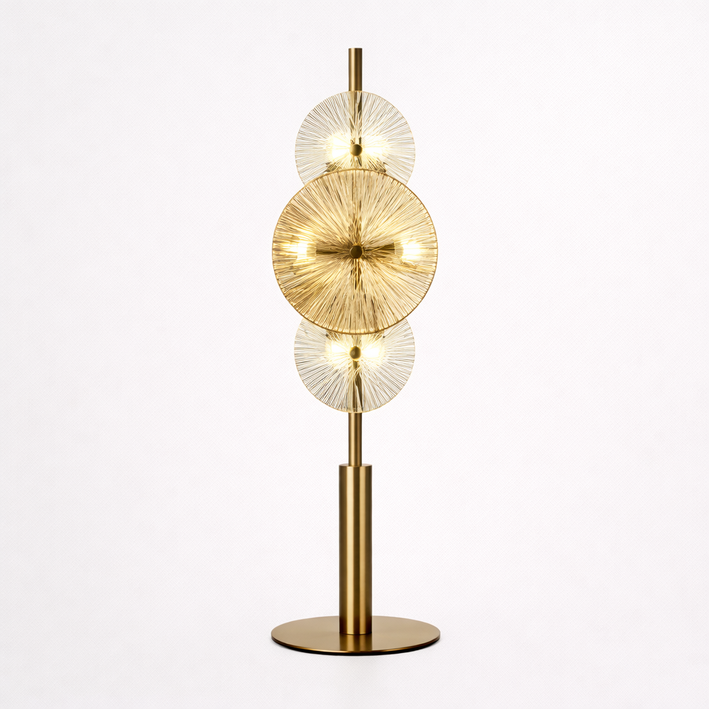 Lampe de table en forme de roue avec six points lumineux aux tons chauds
