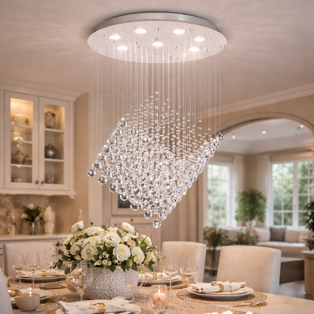 Hanglamp Met Zeven Lichtpunten En Kristallen Details In Chroom