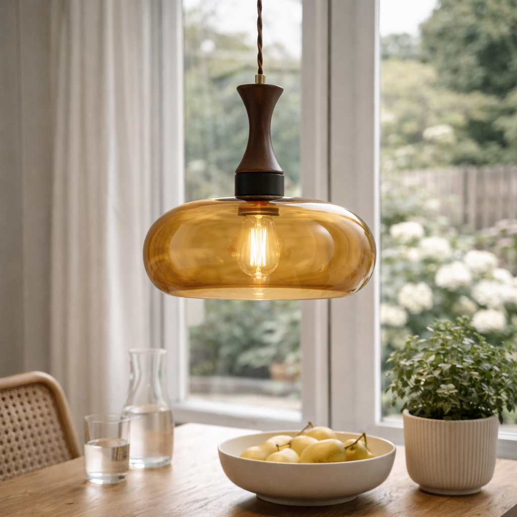 Vintage Pendant Lamp with Amber-Colored Glass Shade