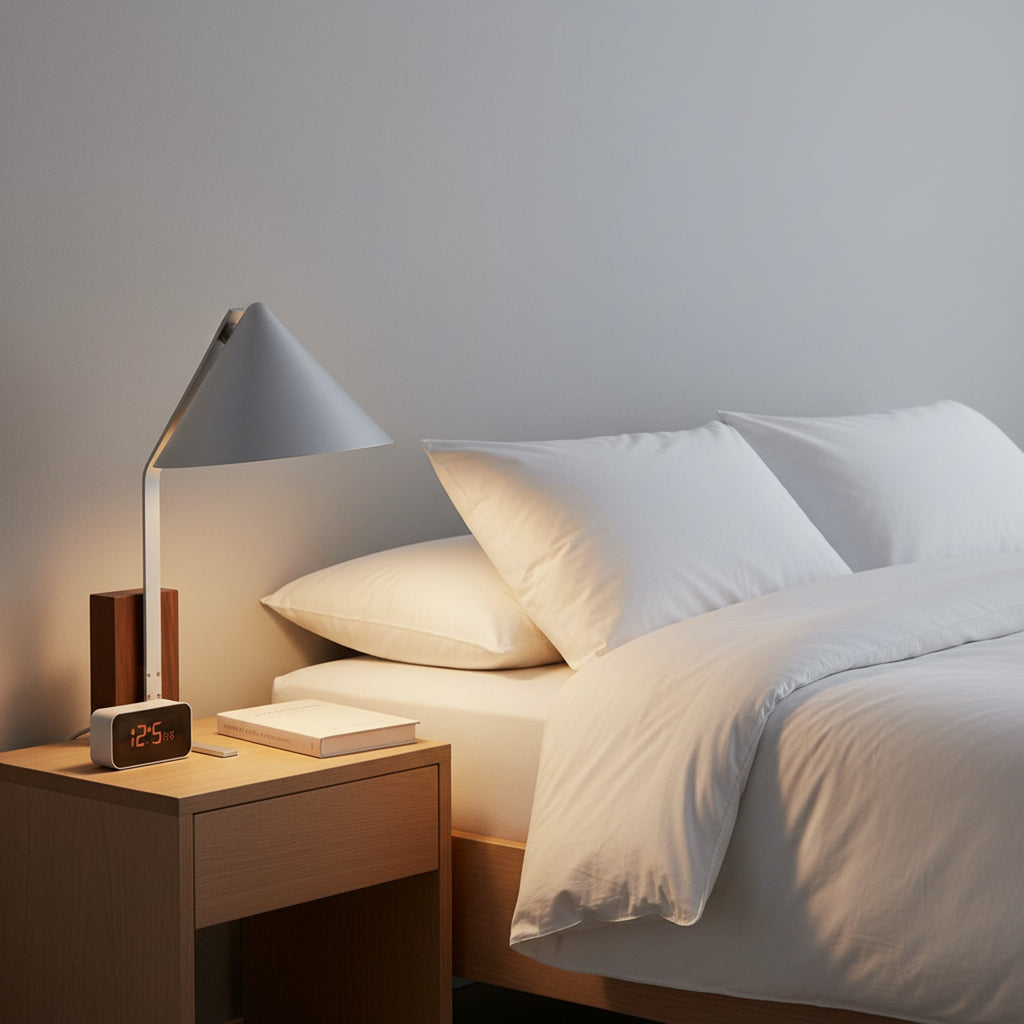 Neuf Cone Table Lamp on bedside table in bedroom