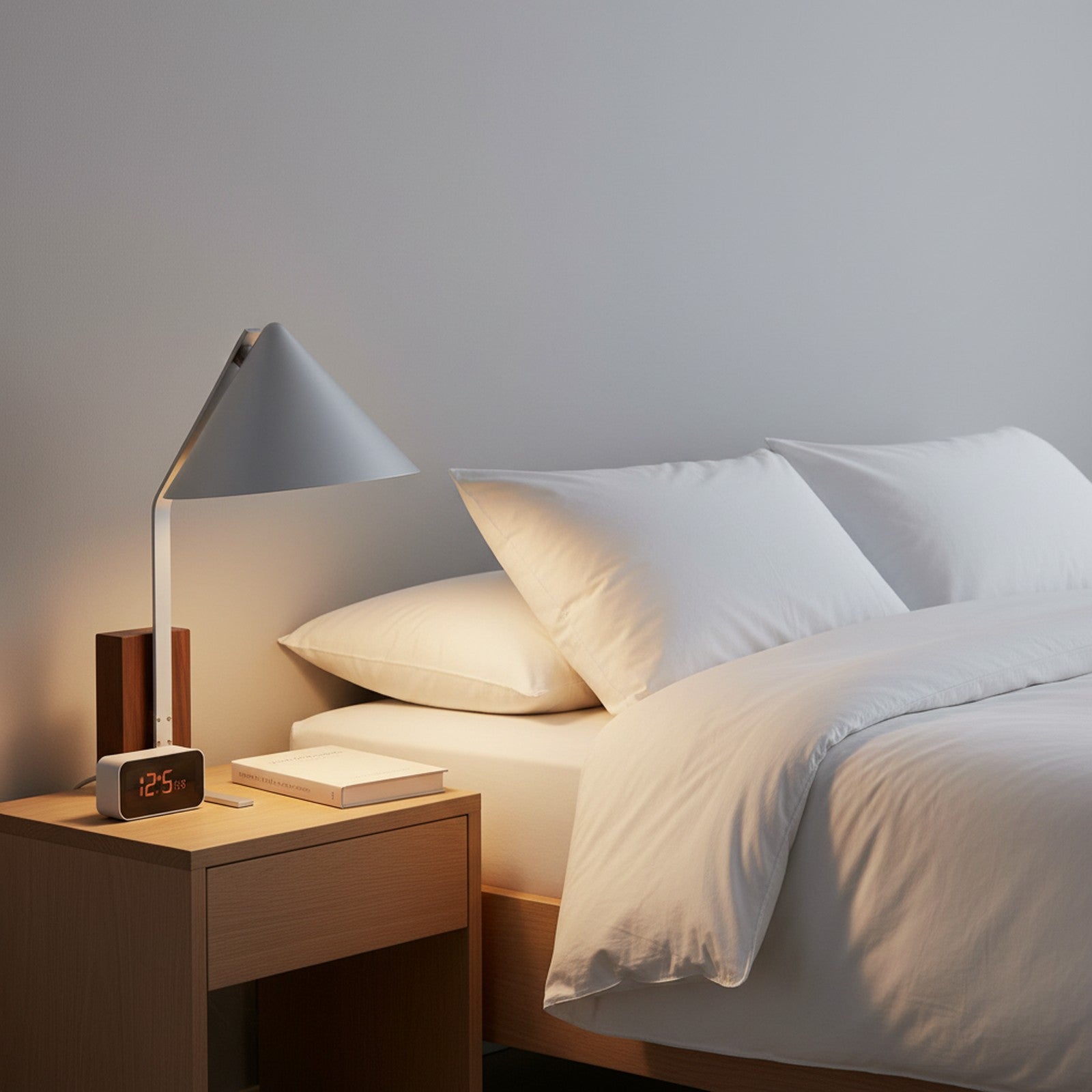 Neuf Cone Table Lamp on bedside table in bedroom